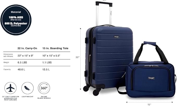 Wrangler Smart Spinner Hardside Luggage, 2 Piece Set, Navy Blue