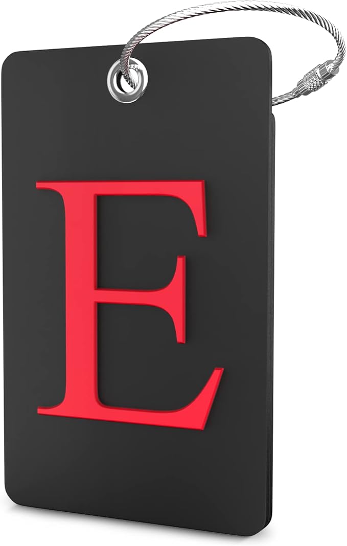 Shacke Luggage Tag Initial - Fully Bendable Tag w/Stainless Steel Loop - Black (Letter E)