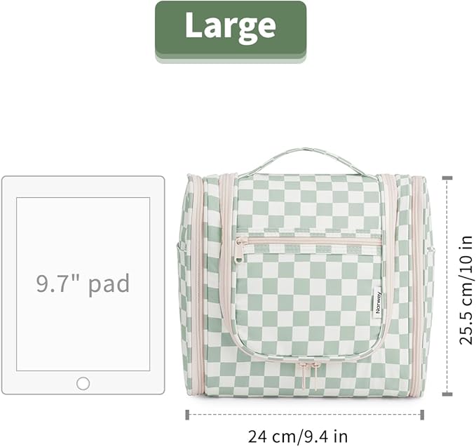 Narwey Travel Toiletry Bag for Women, Checkered Large Hanging Makeup Bag Organizer Cosmetic Make up Bags for Women, Travel Bag for Toiletries (Mint Green Checkerboard)