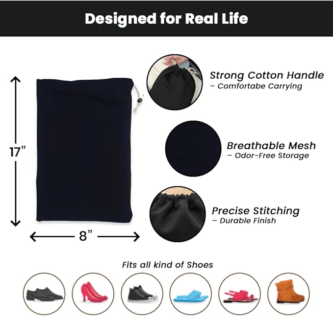 LFH Cotton Rich Shoe Storage Bags with Drawstring, Dustproof Breathable Reusable Organizer, Perfect For Travel, Dorm, Hotel, College, Gym, Machine Washable 8"x17" (Pack of 4) - Black sand