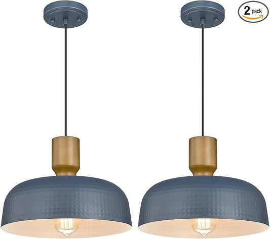 Darkaway Pendant Light Fixtures Ceiling Hanging with Hammered Metal Shade, Modern Pendant Light for Kitchen Island Lighting Hanging Lamp Adjustable Height, Medium 2 Pack