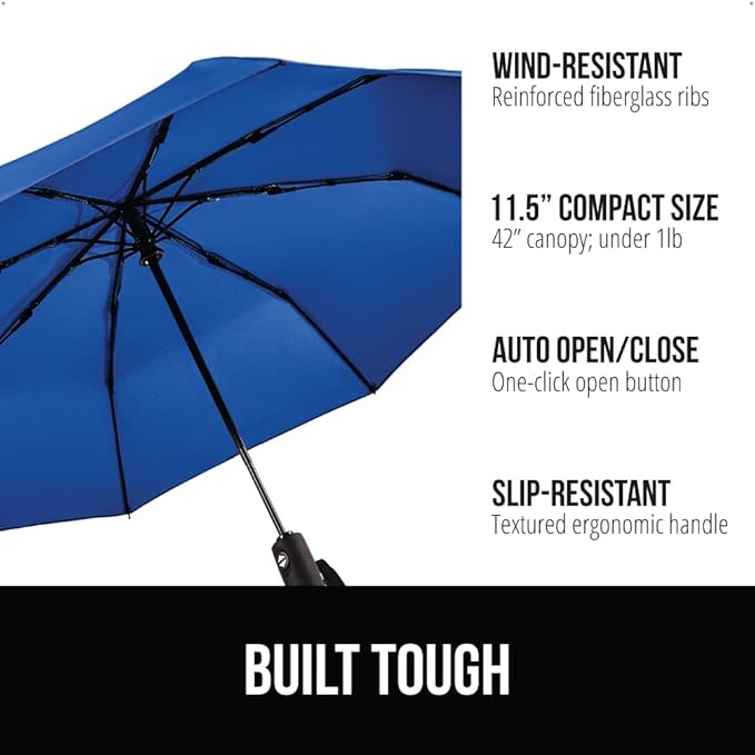 GORILLA GRIP Strong Windproof Stick Compact Umbrella for Rain, One-Click Automatic Open and Close, Durable Quick Dry Waterproof Material, Lightweight and Portable, Travel Size Fits Backpack, Navy