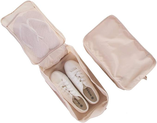 JJ POWER Travel Shoe Bags, Foldable Waterproof Shoe Pouches Organizer - Double Layer (Cream)