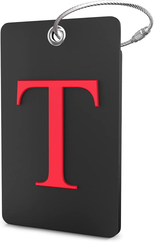 Shacke Luggage Tag Initial - Fully Bendable Tag w/Stainless Steel Loop - Black (Letter T)