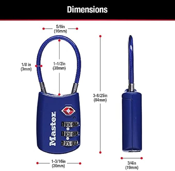 Master Lock Padlock, Set Your Own Combination TSA Locks for Luggage, Travel Zipper Lock with Cable Shackle is 1-3/16 in. Wide, Colors May Vary, 4688T, 2 Count (Pack of 1)