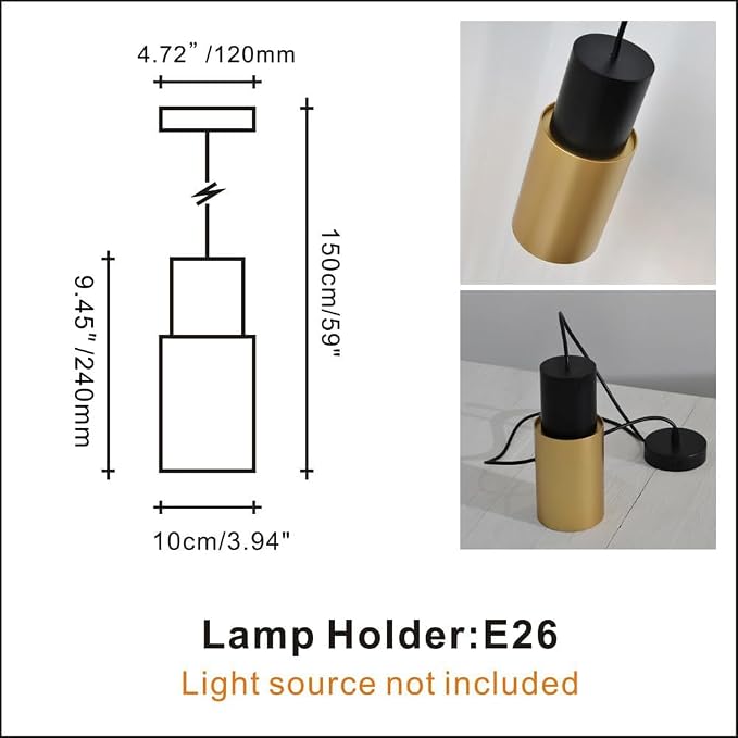 DUHU Gold Pendant Light,Modern Black Kitchen Island Light,Vintage Wood Hanging Lamp,Height Adjustable,Pendant Light Fixture for Nightstand Bedroom,Dining Room,Office,Cafe,Bars Light,E26,1pack
