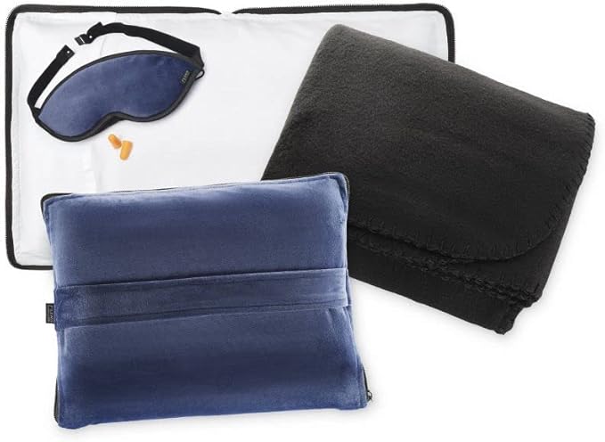 Lewis N. Clark Ultimate Comfort Set + Portable Travel Kit for Airplane, Includes Inflatable Pillow + Zippered Carrying Case, Cozy Fleece Blanket, Eye Mask for Sleeping & Foam Ear Plugs, Navy