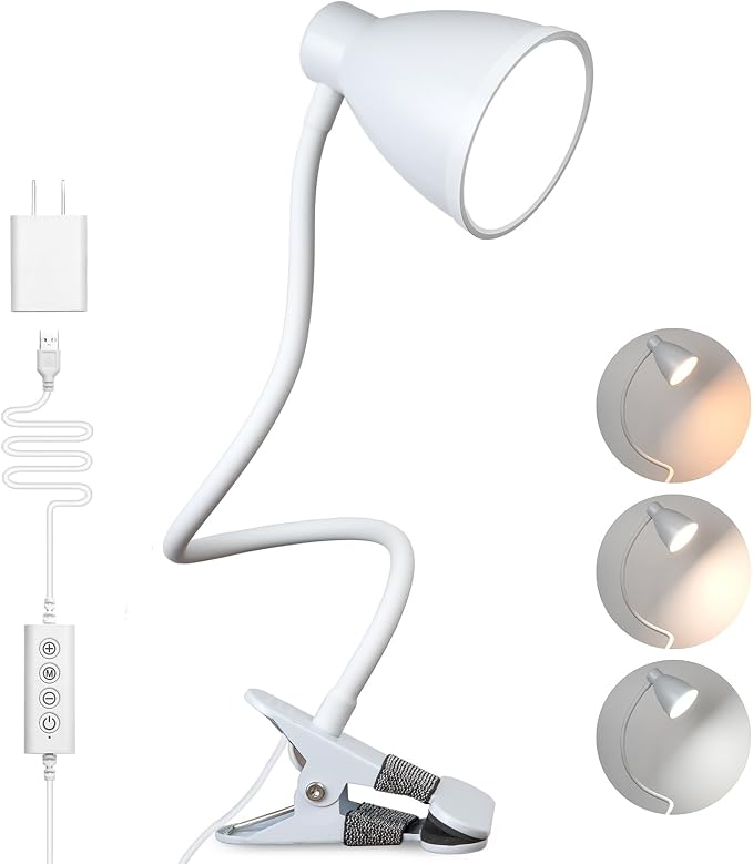 BOHON Clamp Lamp 5 Color Modes 10 Brightness Dimmer Bedside Lamp, White | Reading Light 10W 38 LED Desk Lamp with Auto Off Timer 360° Flexible Gooseneck Clip on Light for Bed Office, Adapter Include