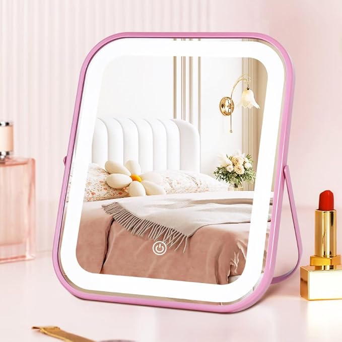 YEKKOPT Pink Rechargeable Vanity Mirror with Lights, LED Makeup Mirror, 10"×8" Lighted Makeup Mirror with Lights, Smart Touch Control Dimmable 3 Modes Light, Lighted Up Mirror for Makeup Desk, Bedroom