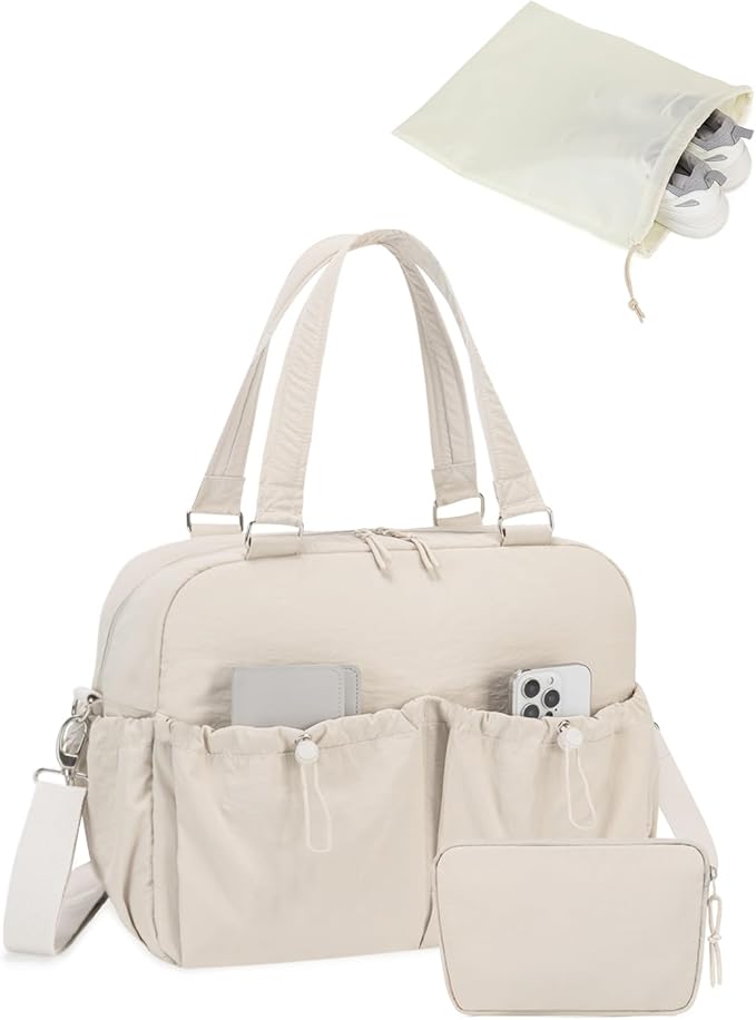 Carry On Duffle Bag with 15.6 Inch Laptop Compartment, Gym Bag for Women with Wet Pocket, Shoe Bag and Toiletry Pouch, Personal Item Travel Duffel Weekender Overnight Bags, Khaki