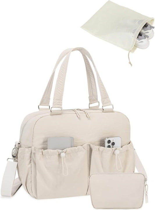 Carry On Duffle Bag with 15.6 Inch Laptop Compartment, Gym Bag for Women with Wet Pocket, Shoe Bag and Toiletry Pouch, Personal Item Travel Duffel Weekender Overnight Bags, Khaki