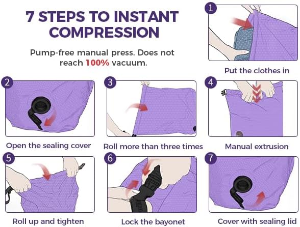 Travel Laundry Bag, Pump Free Vacuum Storage Bag Reusable Compression Dirty Clothes Travel Bag Waterproof Wet Dry Bags Large Capacity Space Saver Bags Camp Clothes Organizer (1 Pcs)(Purple, L)