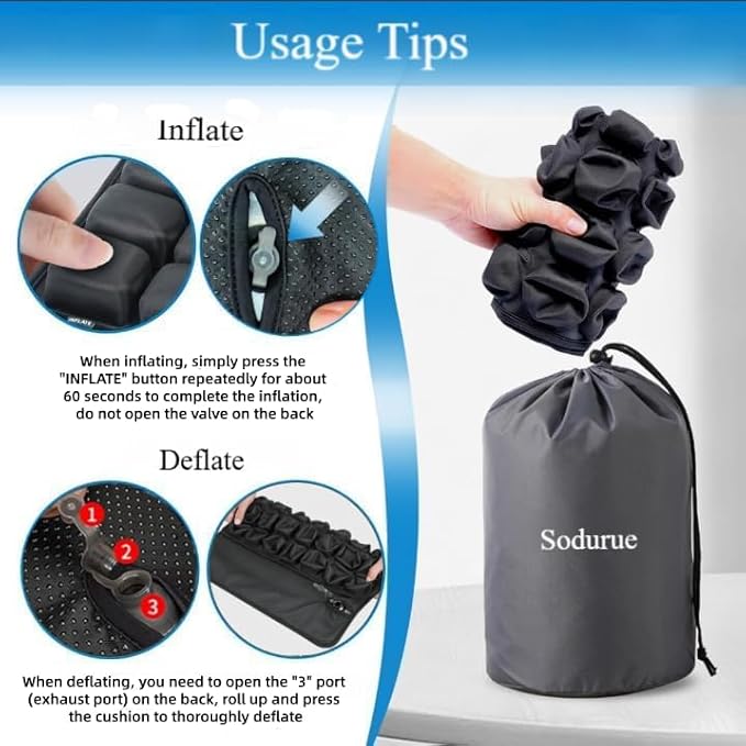 Sodurue Travel Cushion Airplane seat,Airplane seat Cushion for Long Flights,Press Type air Inflatable Wheelchair seat Cushion for Car,Office,Stadium,Ergonomic Comfort Support,Heavy Duty (49 Air Bag)