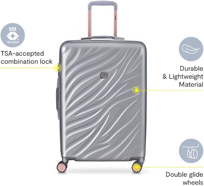 DELSEY PARIS Alexis Hardside 3-Piece Set, Expandable Luggage with 4 Spinner Wheels, Lightweight Suitcase, 21" Carry-On, 25" Checked Medium, 29" Checked Large, Silver/Rose Gold