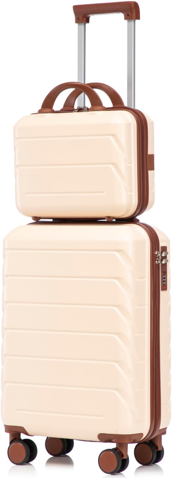 2-Piece ABS Hard Shell Lightweight Carry-On Luggage Set (14" & 20"), 360-Degree Spinner Wheels, Adjustable Telescopic Handle and Combination Lock for Travel, Beige