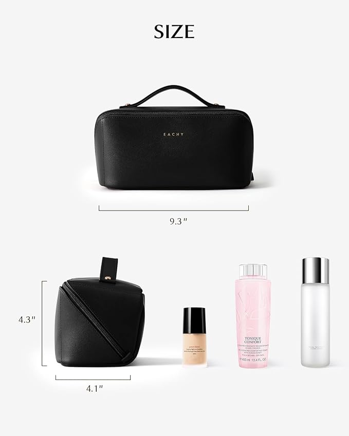 EACHY Travel Makeup Bag, Large Capacity Cosmetic Bag for Women, Waterproof PU Leather, Flat Open Portable Toiletry Bag for Skincare, Brushes & Travel Essentials
