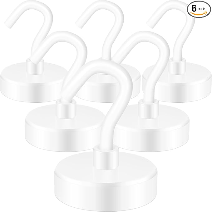 Neosmuk Magnetic Hooks,Heavy Duty Earth Magnets with Hook for Refrigerator, Extra Strong Cruise Hook for Hanging, Magnetic Hanger for Curtain, Grill(White, 6 Pack)