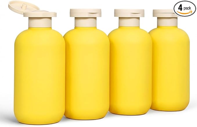 DEMORA 6.6oz Travel Bottles for Toiletries, Larger Plastic Travel Squeeze Bottles Leak Proof Refillable Toiletry Containers with Flip Caps and Labels for Shampoo Conditioner Lotion (Yellow, 4 Pcs)