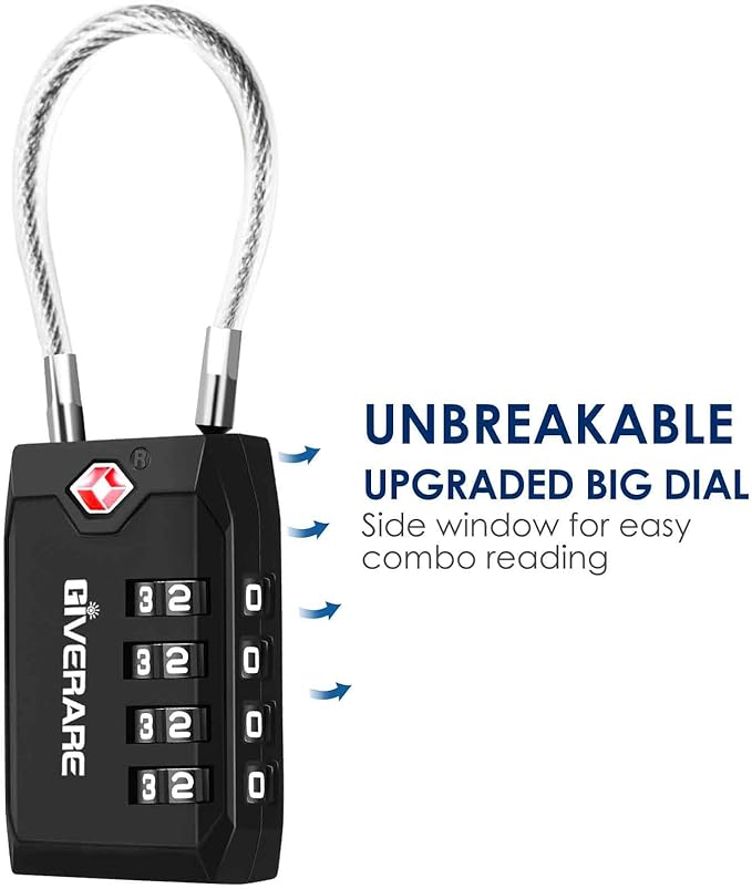 2 Pack TSA Approved Travel Luggage Locks, 4-Digit Cable Combination Suitcase Lock, Metal Alloy Padlocks, Weatherproof Padlock for Locker, Bag, Gun Case, Backpack, Anti Theft, Easy Read Dials-Black