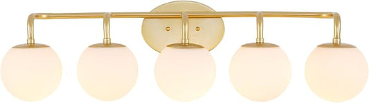 JONATHAN Y Louis Parisian Globe 33" Vanity 5-Light, Gold Painting | White Frosted Glass Shade, Midcentury Parisian Bistro Style, Metal Wall Lamp, Dimmable, Hardwired, LED Bulbs Included