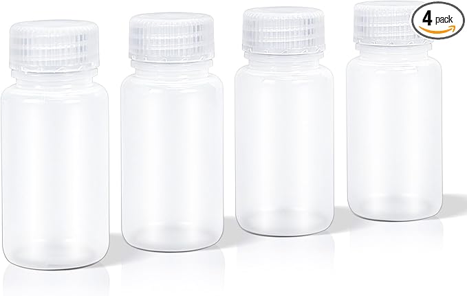 DEMORA 2 oz Small Plastic Bottles with Caps, Airtight Refillable Wide Mouth Travel Bottles for Toiletries, PP Food Grade Plastic Containers for Liquids Pill Sample Lab Reagent (Clear, 4 Pcs)