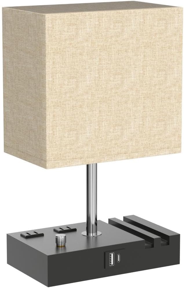 Beige Table Lamp for Bedroom - Stepless Dimmable, USB C+A, 2 AC Outlets | Dimming By Rotary Knob, USB C+A Ports, 2 Phone Stands, LED Bulbs Included, Rectangle Beige Lampshade, for Living Room, Desk