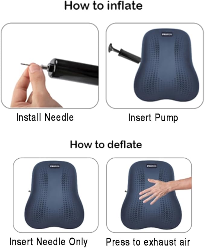 Lumbar Support Pillow, Inflatable Rubber Lumbar Pillow for Lower Back Pain Relief - Car Back Cushion for Driving - Lumbar Support for Car-Office Chair, Massage Points, Adjustable Firmness, Black