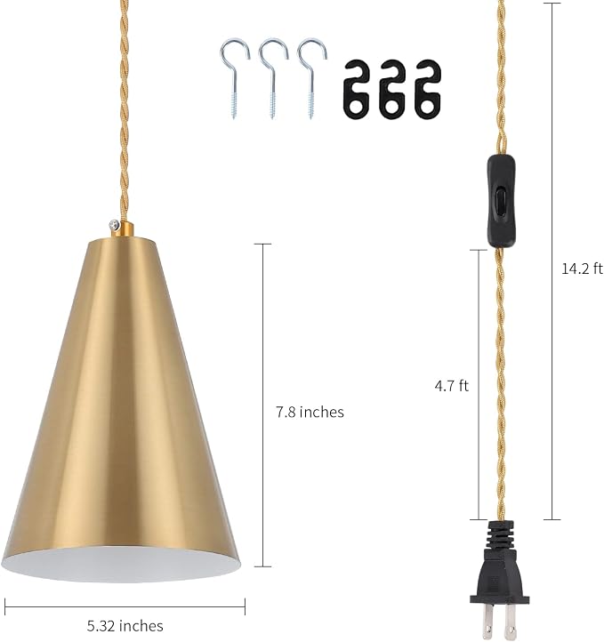Gold Plug In Pendant Light,Hanging Lights With Plug In Cord On/Off Switch, Mini Brass Pendant Lights for Kitchen Island,Modern Chandeliers Light Fixture with Metal Shade,Hanging Lamps for Bedroom