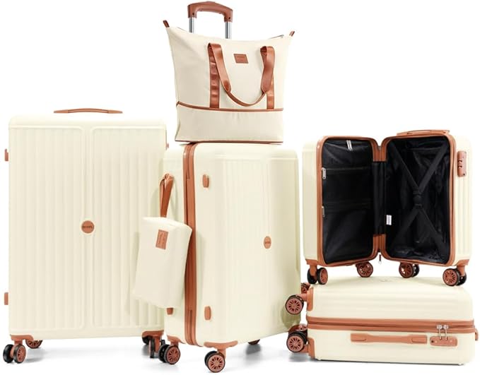 Hoteel Luggage Set 6 Piece, 4-Year Warranty, PC+ABS Suitcases with Wheels Hard Shell Suitcase with TSA Lock, Including Waterproof Luggage Bag, Travel Maletas for Men and Women, Beige(16/20/24/28Inch)