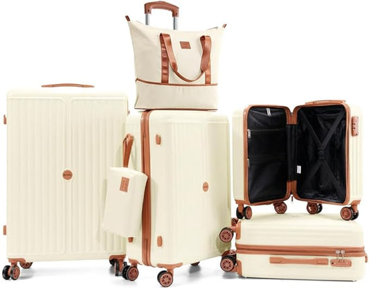 Hoteel Luggage Set 6 Piece, 4-Year Warranty, PC+ABS Suitcases with Wheels Hard Shell Suitcase with TSA Lock, Including Waterproof Luggage Bag, Travel Maletas for Men and Women, Beige(16/20/24/28Inch)