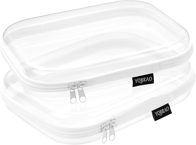 YQBRAO Hard Sided Clear Zipper Case for Storage- Professional-Grade Plastic Clear Zipper Pencil Case,Toy Storage Bins, Toiletry Pouch, Travel Organizer, Cosmetic Bag（White,2 Pack, M）