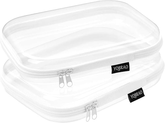 YQBRAO Hard Sided Clear Zipper Case for Storage- Professional-Grade Plastic Clear Zipper Pencil Case,Toy Storage Bins, Toiletry Pouch, Travel Organizer, Cosmetic Bag（White,2 Pack, M）