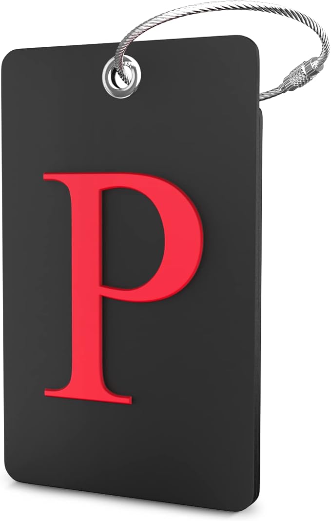 Shacke Luggage Tag Initial - Fully Bendable Tag w/Stainless Steel Loop - Black (Letter P)