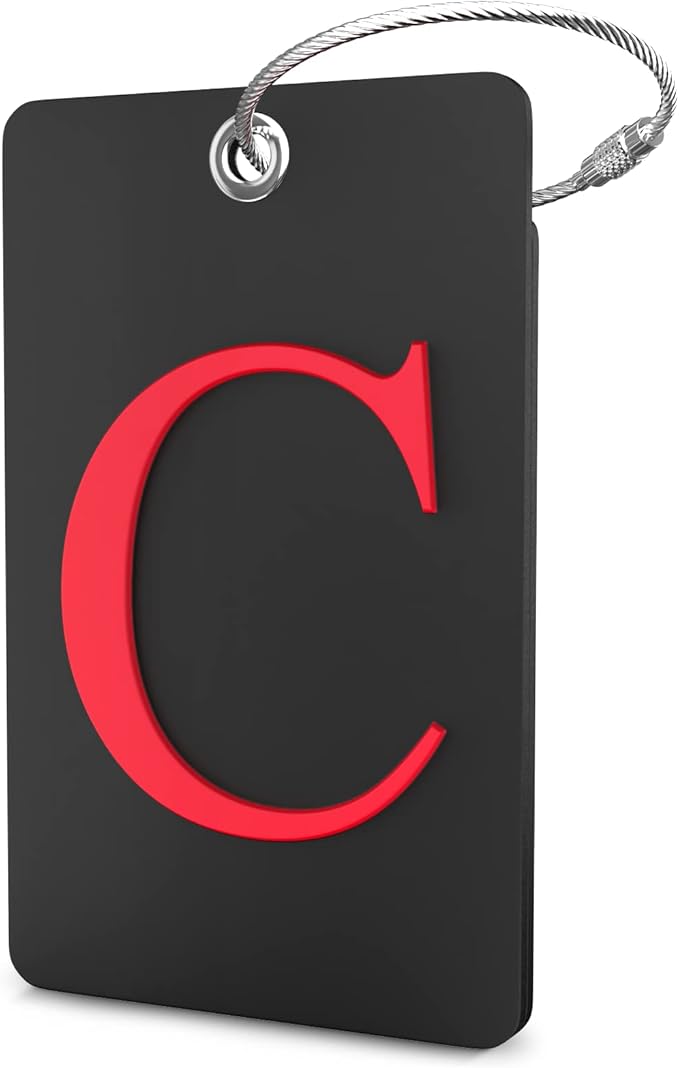 Shacke Luggage Tag Initial - Fully Bendable Tag w/Stainless Steel Loop - Black (Letter C)