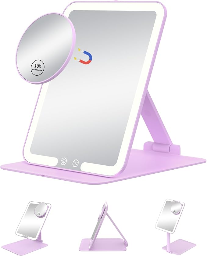 Gospire Travel Makeup Mirror with Lights and Magnification 10X, Portable Make Up Compact Tabletop Cosmetic with Adjustable Stand, 3 Colored Light Rechargeable LED Vanity Mirror - Purple