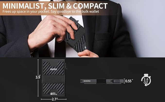 SEMORID Slim Wallet for Men, Minimalist RFID Blocking Mens Wallet with Pop Up Case, Thin Metal Credit Card Holder with Cash Strap & Expandable Backplate - Holds 12 Cards