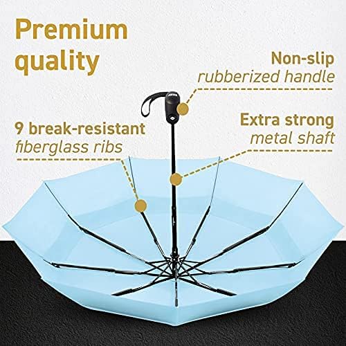 Windproof Compact Umbrella for Rain - 42” Travel Umbrella, Portable, Strong, Collapsible to 11”, Automatic Open Close Button, Vented Double Canopy with Fiberglass/Steel Frame, Wind Resistance to 55MPH