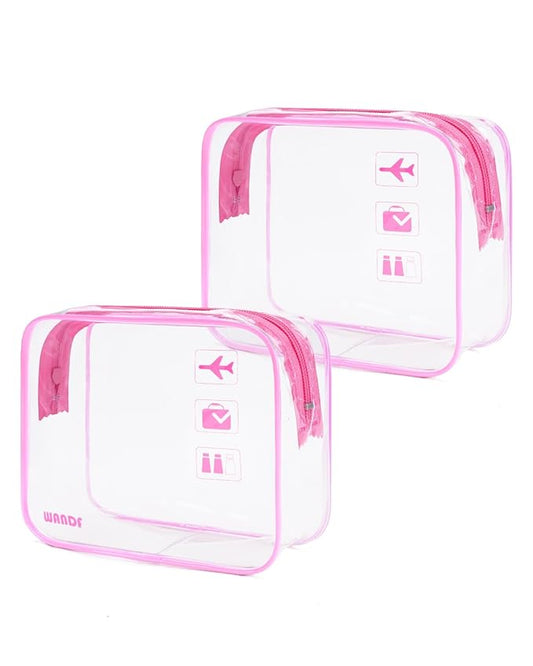WANDF TSA Approved Toiletry Bag, 2 Packs Travel Clear Toiletry Bag, Quart Size Makeup Cosmetic Pouch with Zipper, Carry-On Airport Compliant Bag for Women and Men (2pcs Pink)