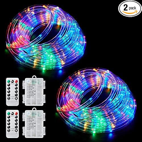LED Rope Lights Battery Powered String Lights Outdoor with 8 Modes | 120LED 40ft Battery Operated Fairy Lights with Remote &Timer, IP65 Waterproof for Holiday Wedding Patio Decoration, 2Pack