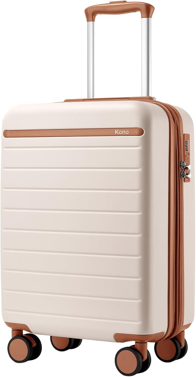 Kono Expandable 20 Inch Carry On Suitcase Airline Approved, Lightweight ABS+PC Hardshell Luggage with 360° Silent Spinner Wheels, Cream/Brown