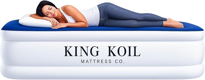 King Koil Full Size Premium Air Mattress with Built-in Pump for Home, Camping & Guests, Inflatable Airbed Double High Adjustable Blow Up Mattress, Durable - Portable and Waterproof