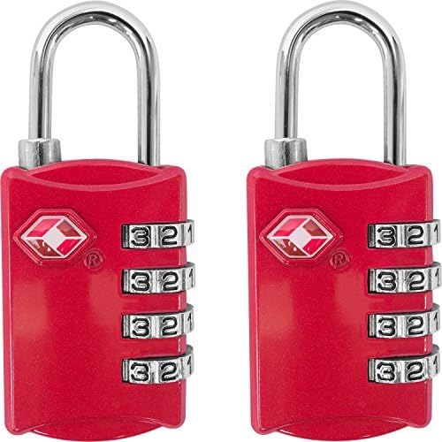 TSA Locks for Luggage, 2-Pc Durable Steel Padlock, Keyless Easy to Read 4-Digit Combination Lock for Backpacks, Travel Suitcases, Toolbox, Filing Cabinets, Baggage & Gym Locker, Red