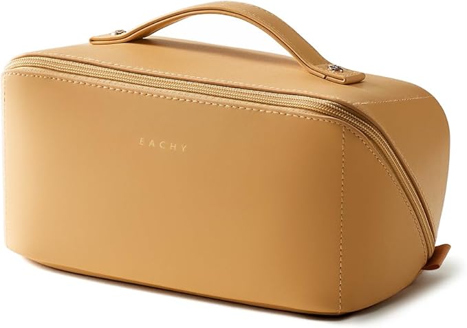 EACHY Travel Makeup Bag, Large Capacity Cosmetic Bag for Women, Waterproof PU Leather, Flat Open Portable Toiletry Bag for Skincare, Brushes & Travel Essentials