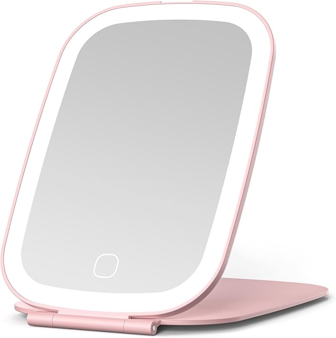 NEZZOE Rechargeable Travel Makeup Mirror with LED Light, 3 Lighting Modes, 7 x 5 Inch Foldable Vanity Mirror for Desk or On The Go, Pink