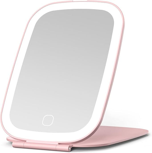 NEZZOE Rechargeable Travel Makeup Mirror with LED Light, 3 Lighting Modes, 7 x 5 Inch Foldable Vanity Mirror for Desk or On The Go, Pink
