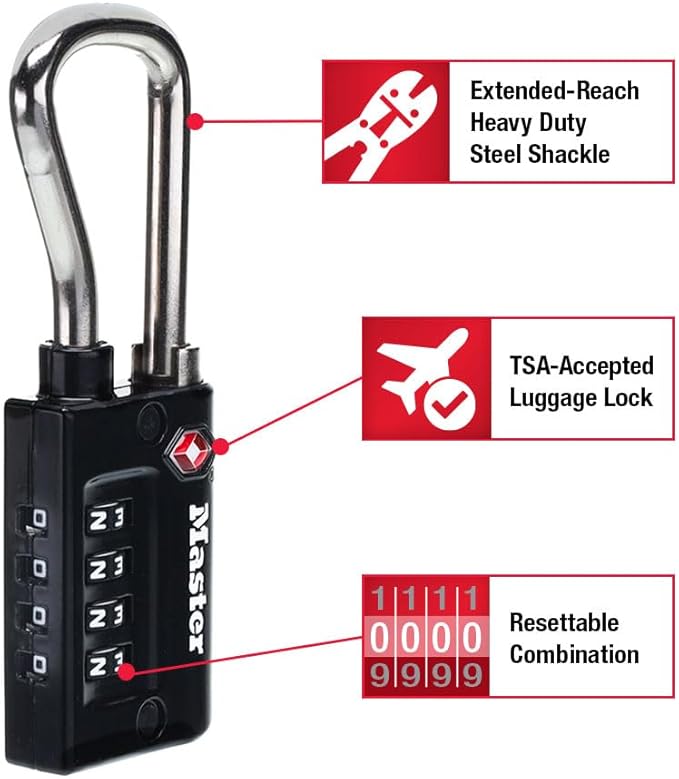 Master Lock Padlock, Set Your Own Combination TSA Accepted Luggage Lock, 1-5/16 in. Wide, Black, 4 pk, 4696EC4