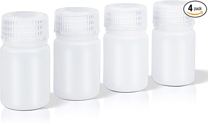 DEMORA 1 oz Small Plastic Bottles with Caps, Airtight Refillable Wide Mouth Travel Bottles for Toiletries, HDPE Food Grade Plastic Containers for Liquids Pill Sample Lab Reagent (Translucent, 4 Pcs)