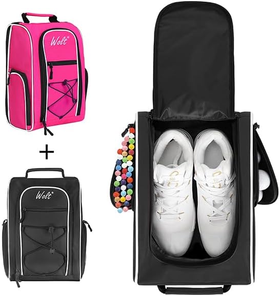 Wolt 2 Pcs Golf Shoe Bag for Travel- Zippered Shoes Carrier Bags with Ventilation & Double Outside Accessory Pocket for Socks, Tees, Golf Balls, Etc. for Women and Men (Black+Pink)