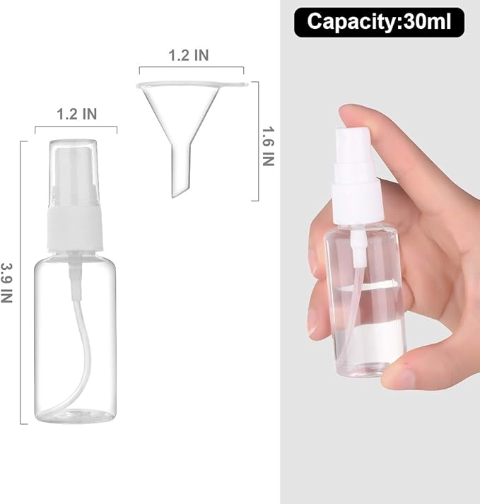 Exptolii Spray Bottle, 1oz/30ml Small Plastic Fine Mist Spray Bottles, Mini Empty Travel Bottles with Funnels and Labels 6 Pack