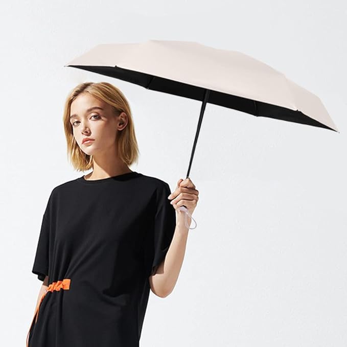ESUFEIR Mini Sun Umbrella for Purse With Case, Small Compact UV Umbrella Travel Essentials, Lightweight Portable Parasol Windproof for Women Men Kids (Beige)